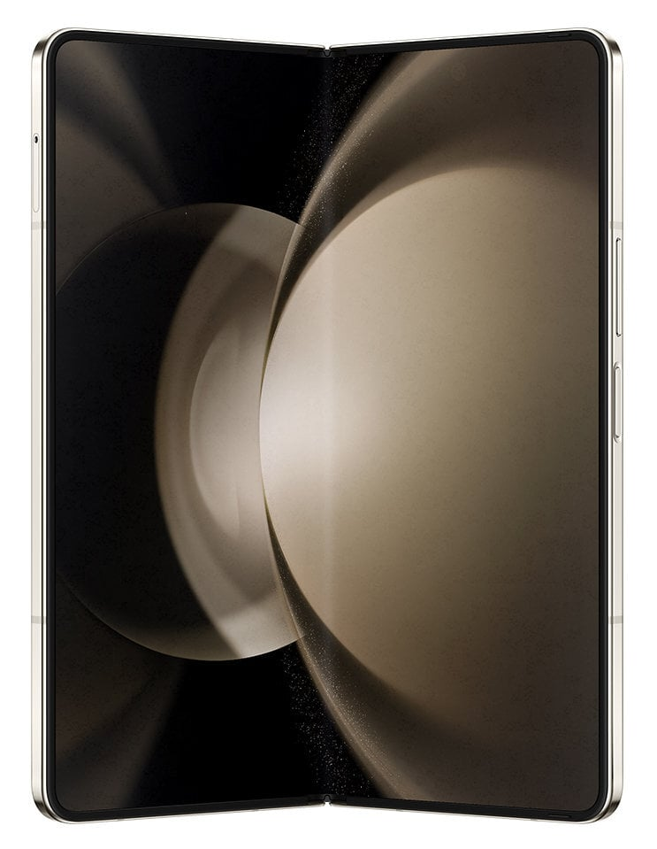 Składany smartfon, złoty kolor. Ekran wyświetla abstrakcyjną sztukę w brązach i bieli.