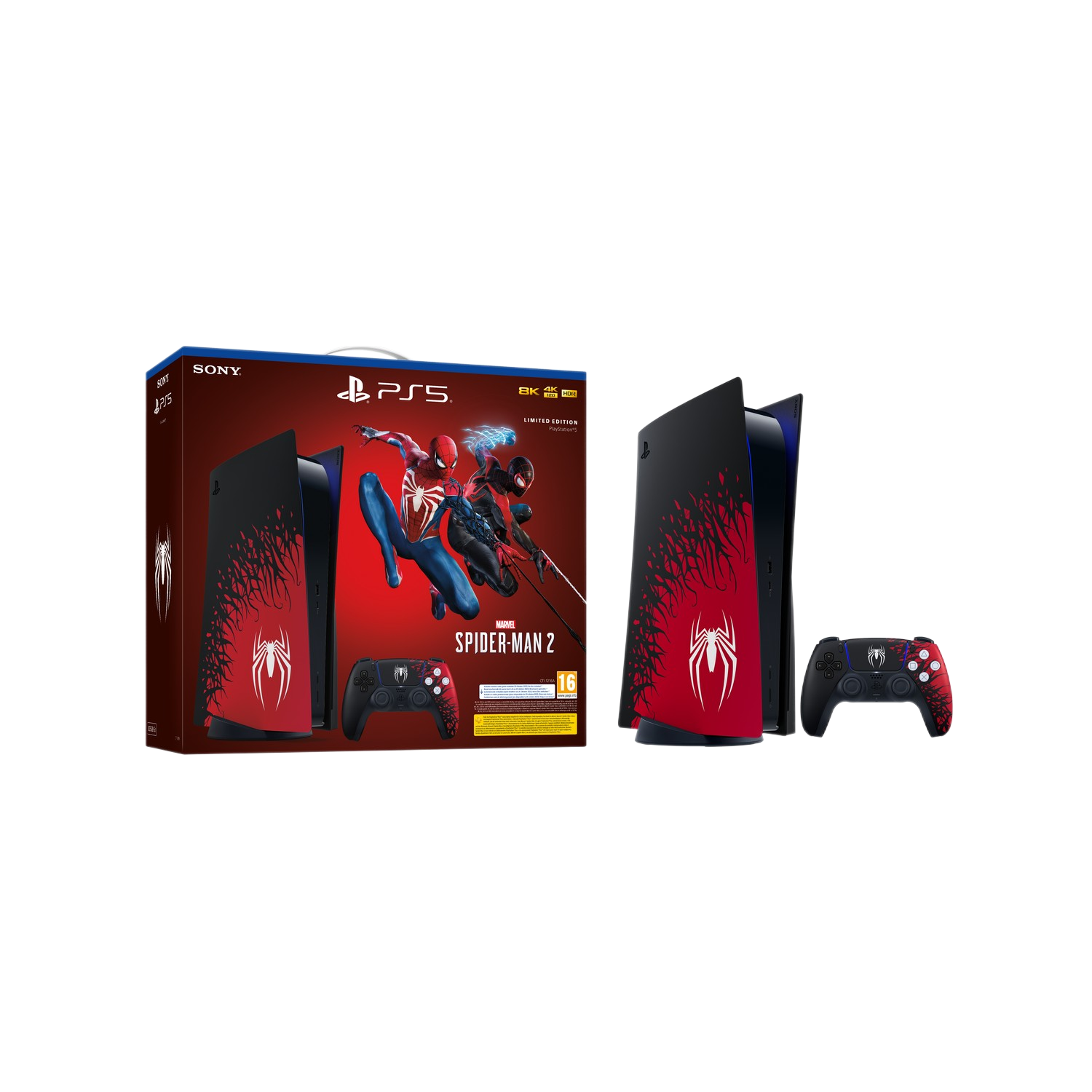 Een PS5 Spider-Man 2 Limited Edition bundel, inclusief de console, controllers en gamebox.