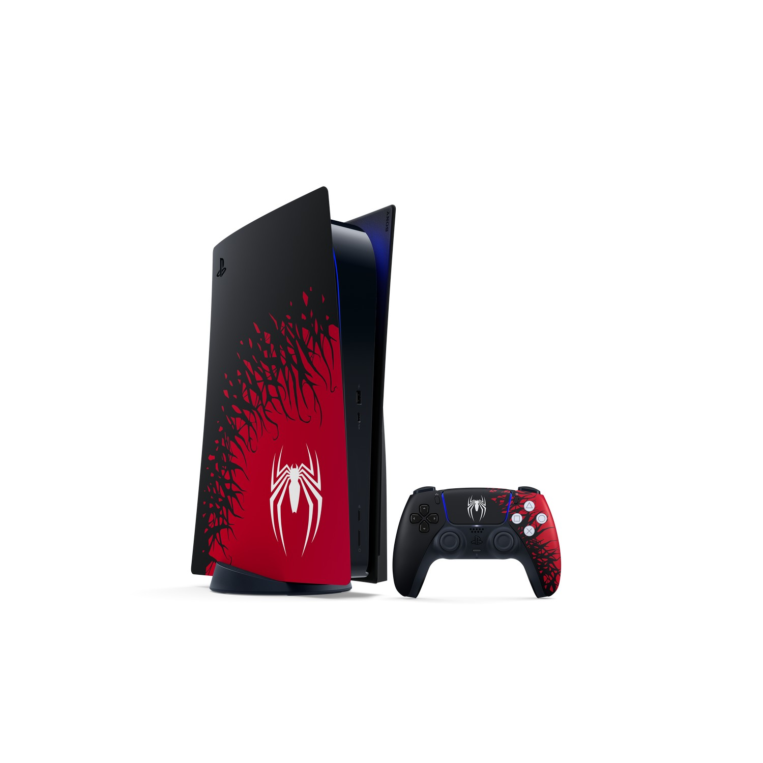 Een zwarte PlayStation 5 console met een rood Spider-Man design en een bijpassende controller op een witte achtergrond.