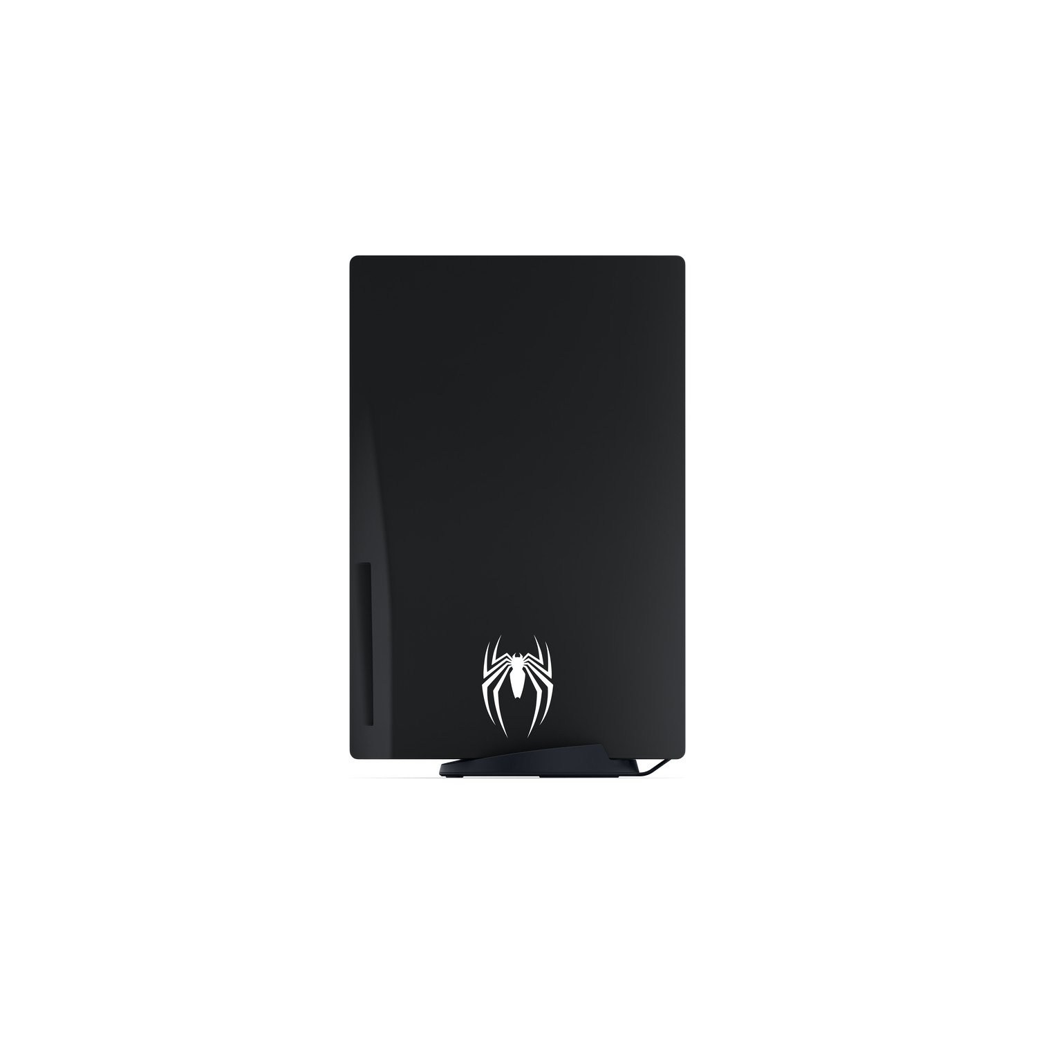 Zwarte spelconsole, Spider-Man logo, witte achtergrond.