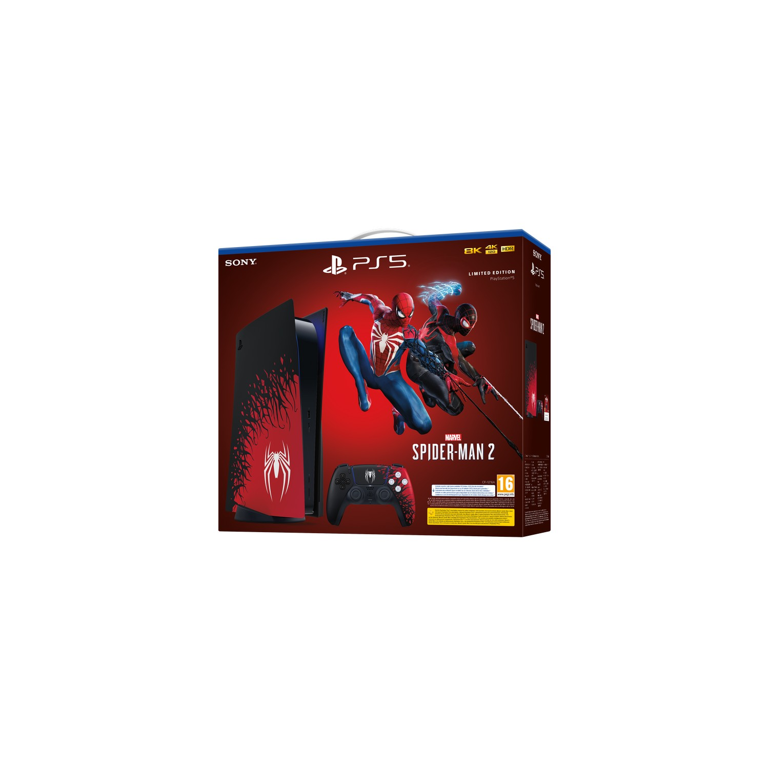 Een PlayStation 5-doos met Spider-Man 2-graphics, een console en een controller. Witte achtergrond.