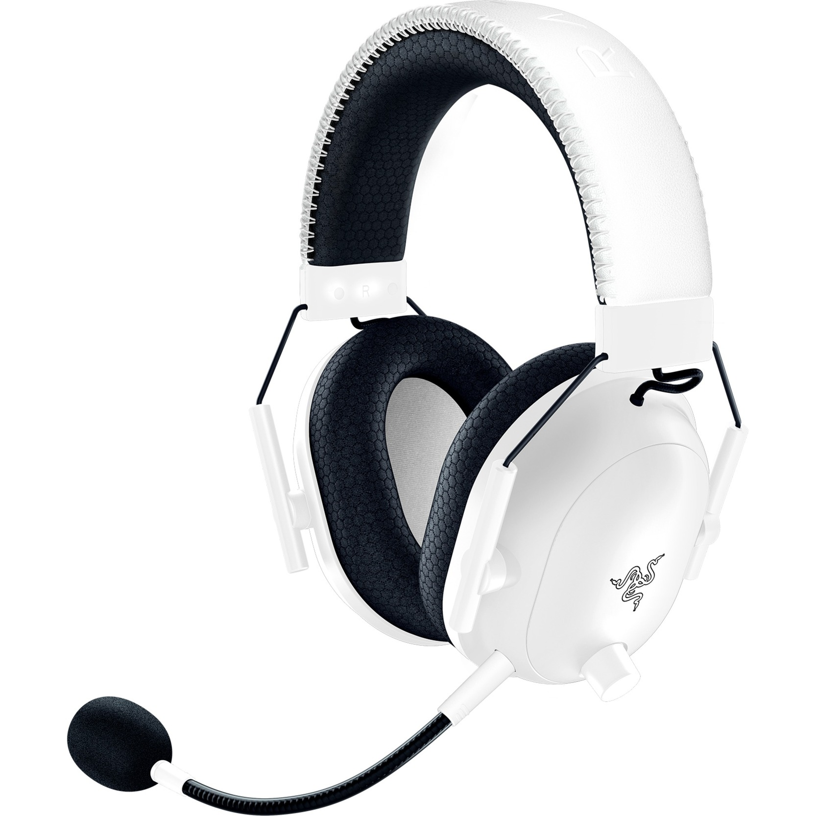 Auriculares gaming blancos con micrófono, aislados sobre blanco.