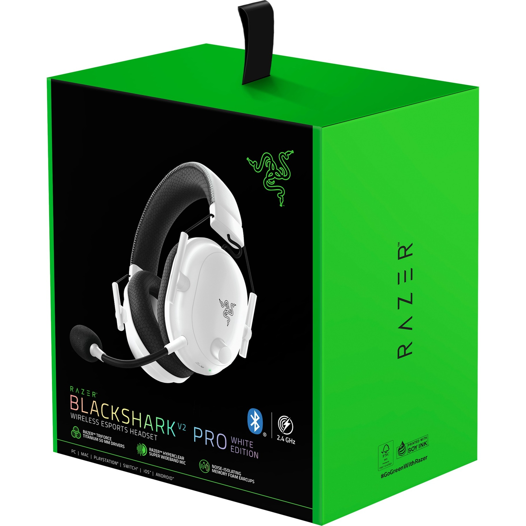 Auriculares Razer Blackshark V2 Pro verdes en una caja verde y negra. La caja está abierta.