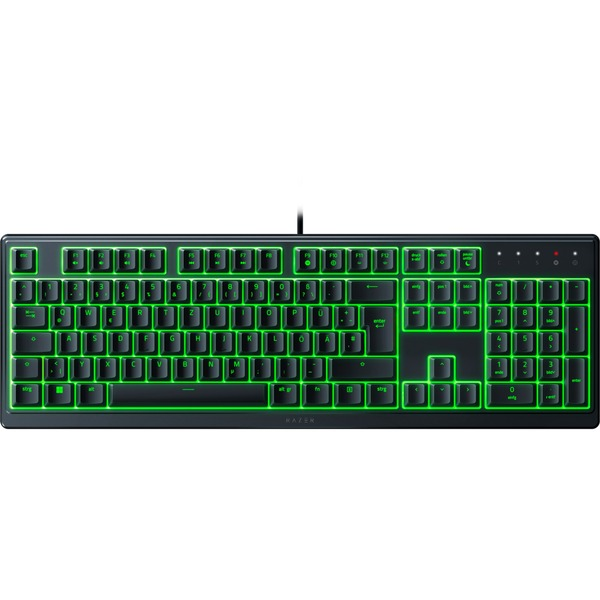 Teclado Razer negro con teclas retroiluminadas verdes, vista superior.