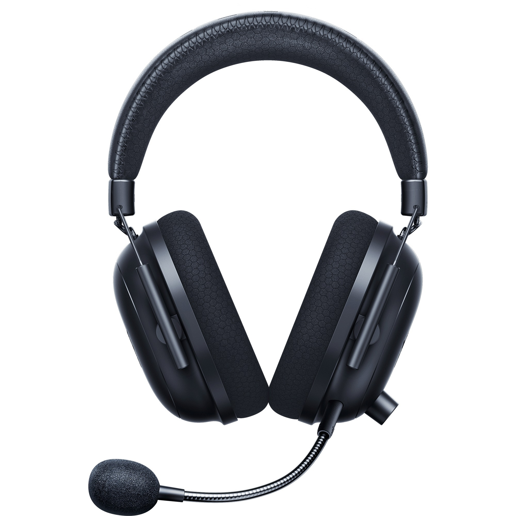 Auriculares inalámbricos negros con micrófono, sobre fondo blanco.