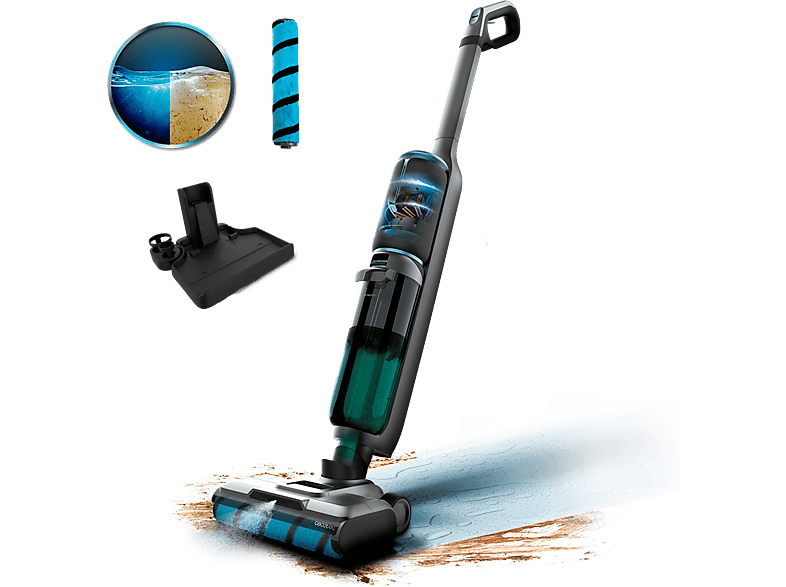 Fregona eléctrica - Cecotec FreeGo Wash&Vacuum Spray, Aspira y friega, 250 W, 700 ml, 35 min, Spray integrado, Incluye base de autolimpieza, Negro