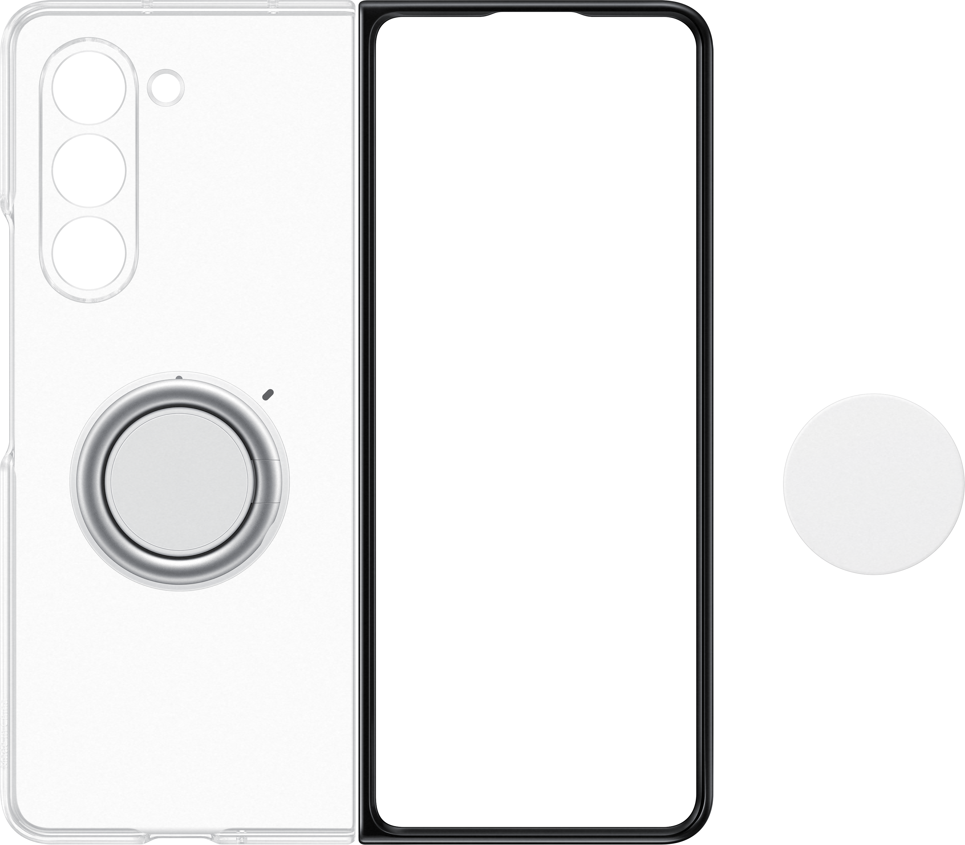 Una custodia per telefono con un telefono, un porta anello e un cerchio bianco separato.