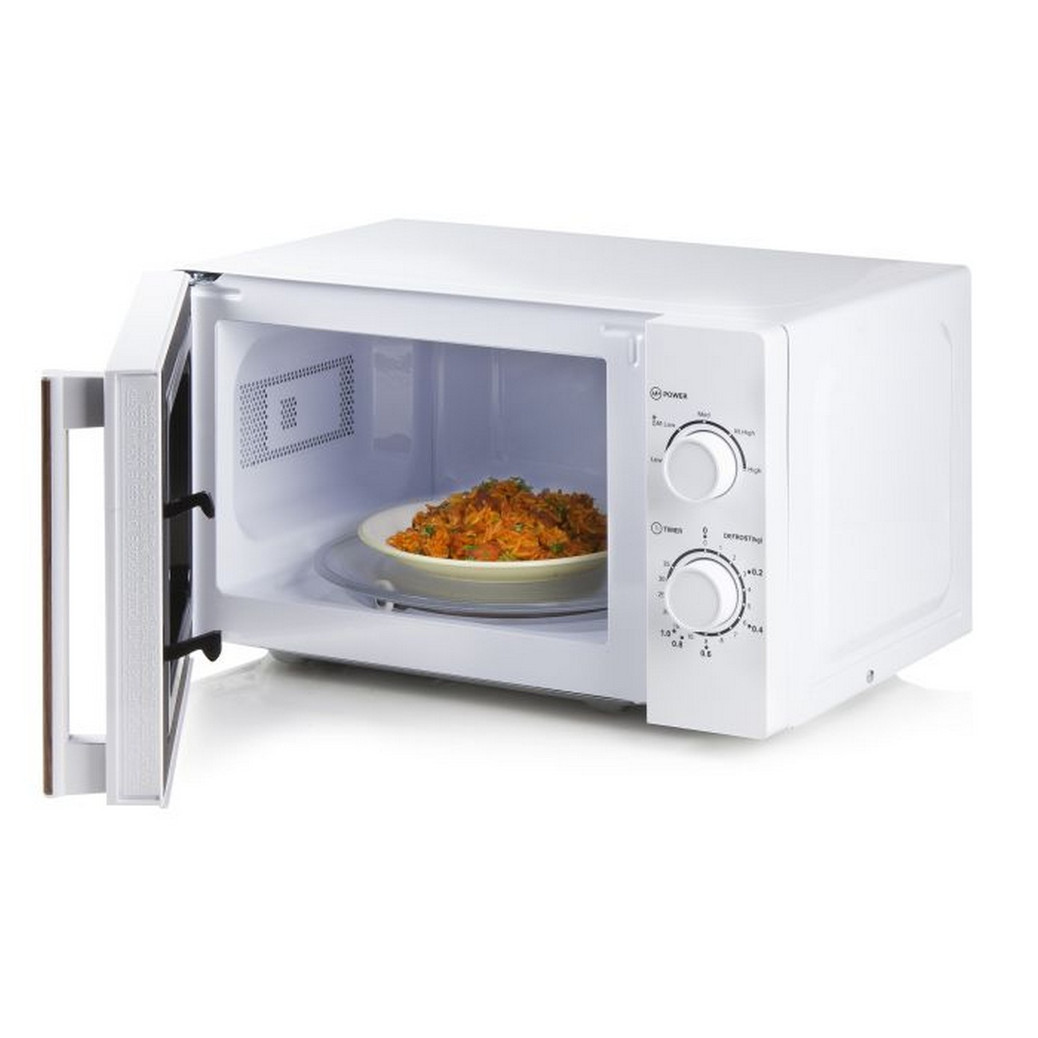 Witte magnetron met de deur open. Een bord met eten staat in de magnetron.