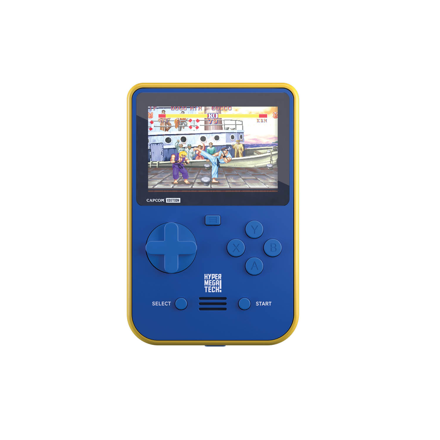 Eine blau-gelbe Handheld-Konsole, die eine Kampfszene zeigt.