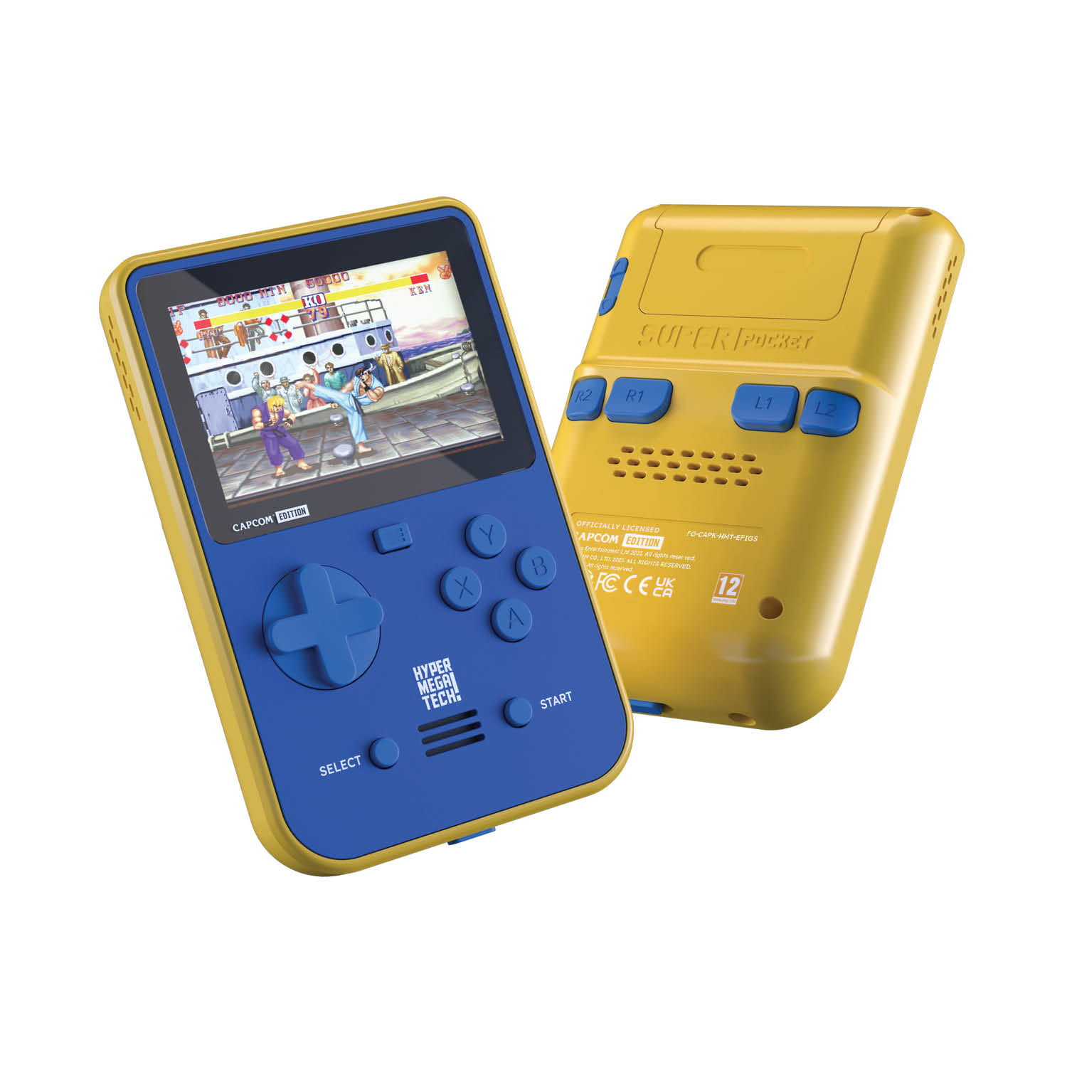 Zweifarbiges blau-gelbes Handheld-Spielgerät, eines mit Bildschirm, der ein Kampfspiel zeigt.