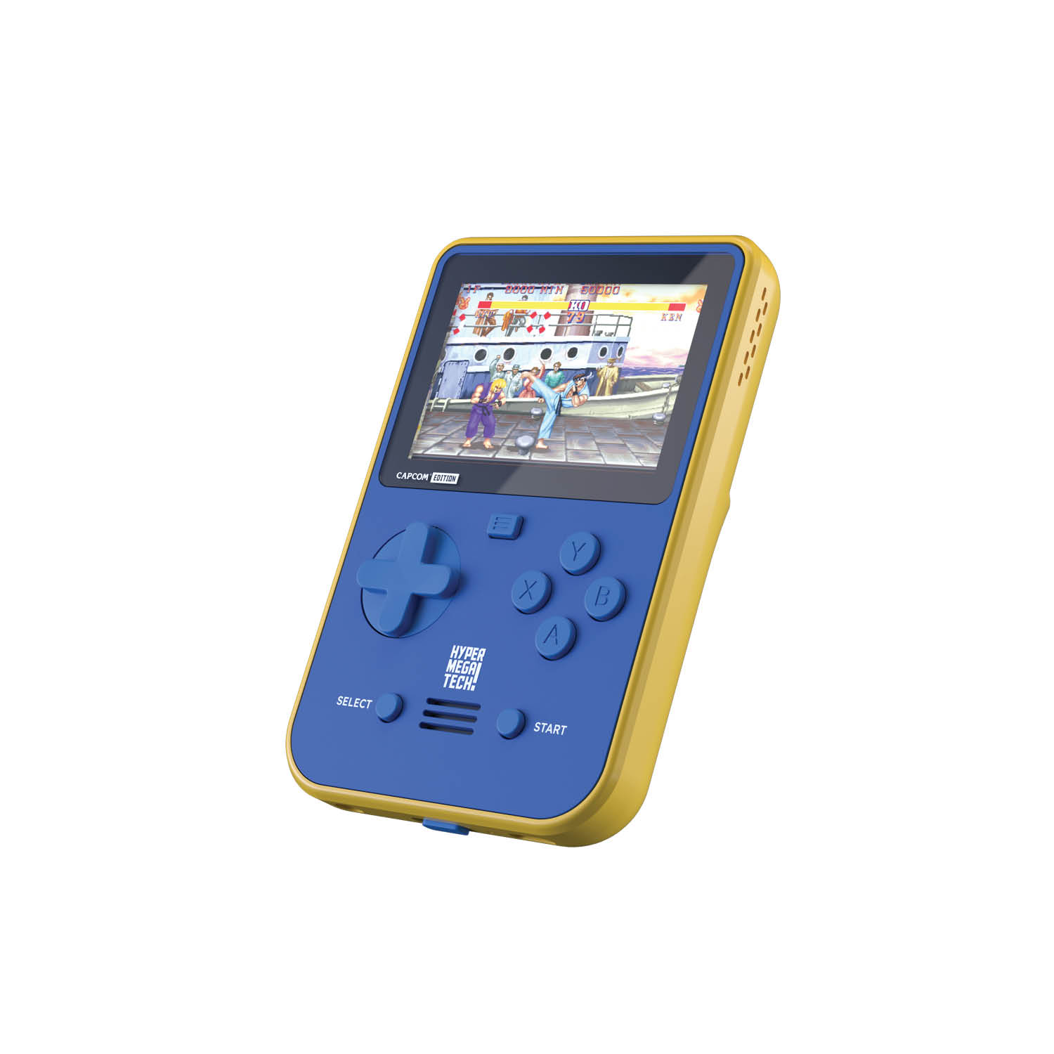 Blau-gelbe Handheld-Spielkonsole, Bildschirm zeigt ein Kampfspiel, Knöpfe sichtbar.