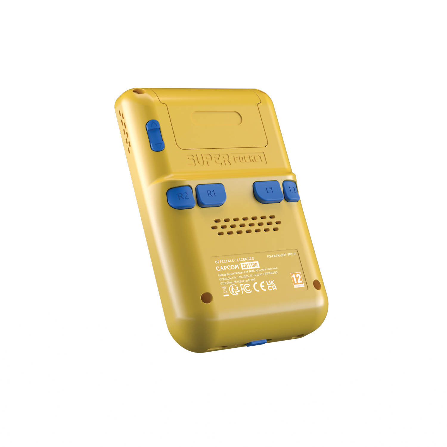 Gelbe Handheld-Konsole mit blauen Knöpfen. Auf der Konsole steht 'SUPER POCKET'.