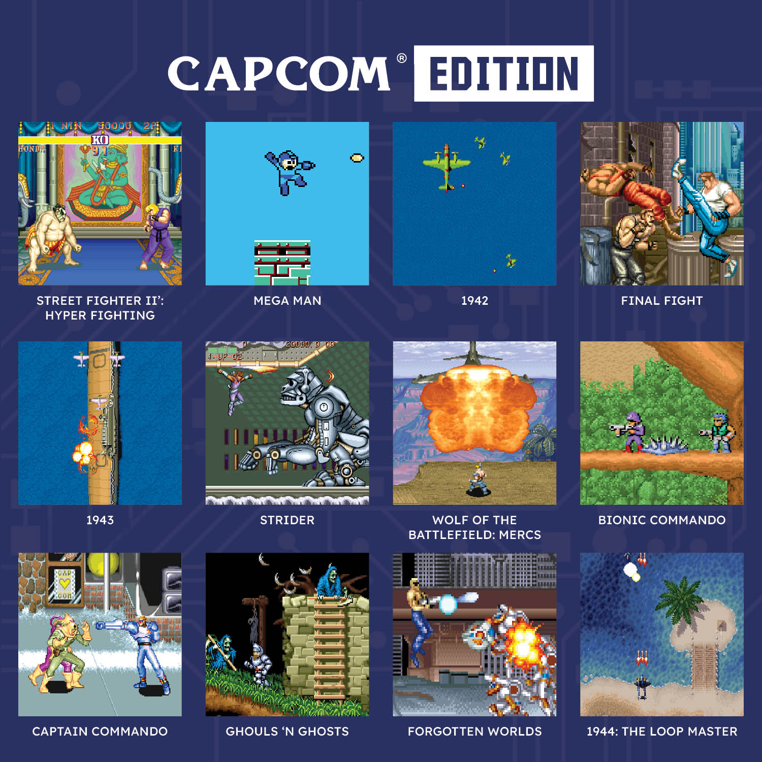 Eine Collage von klassischen Capcom Arcade-Spielbildschirmen, darunter Street Fighter und Mega Man.