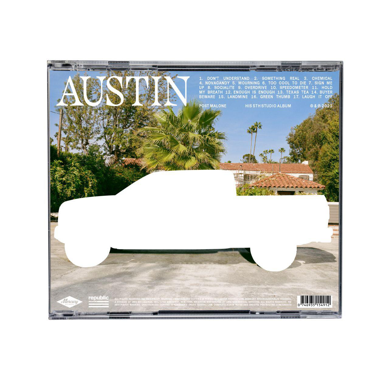 CD-Cover des Albums Austin von Post Malone. Es zeigt ein Bild eines weißen Trucks.