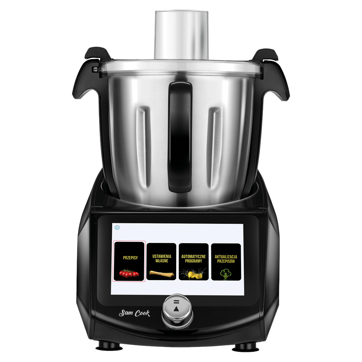 Czarny robot kuchenny z cyfrowym ekranem. Logo Sam Cook z przodu.