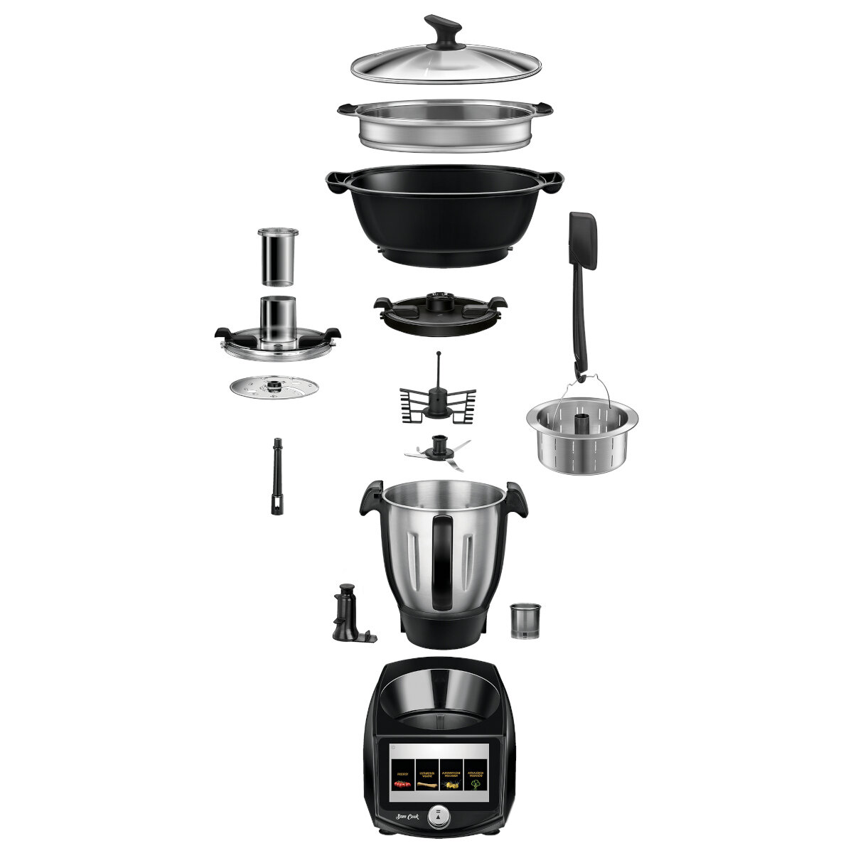 Zdemontowane urządzenie kuchenne z wieloma elementami, w tym miską do mieszania i ostrzami.