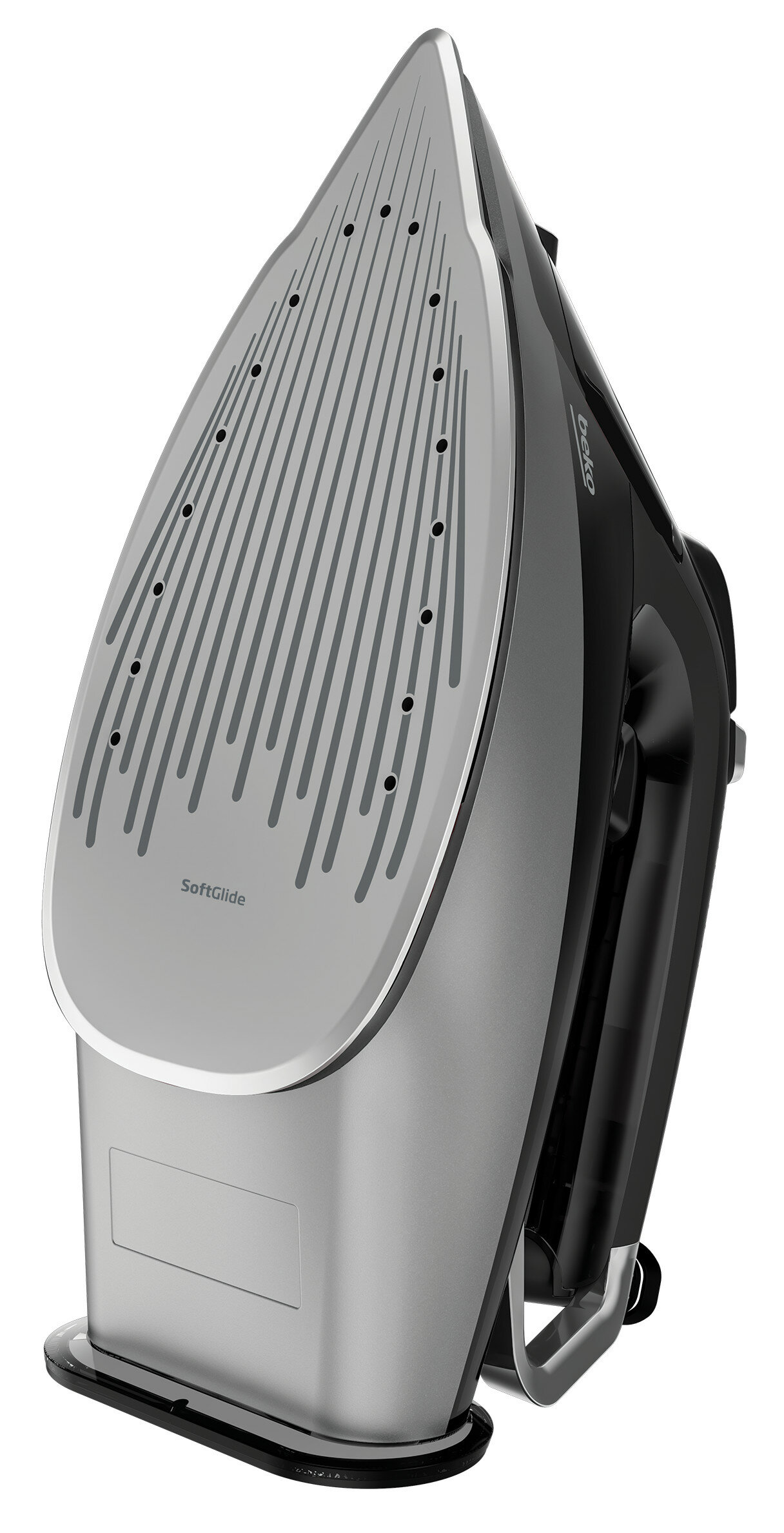 Żelazko, widok od spodu, ze srebrnym i czarnym designem, tekst SoftGlide.