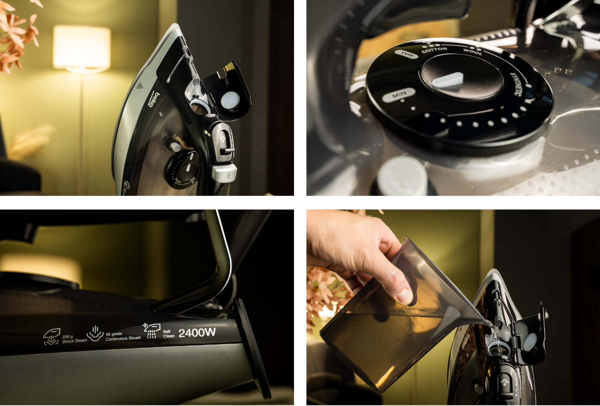 Cztery obrazy: żelazko, pokrętło ustawień, nalewanie wody i specyfikacje.