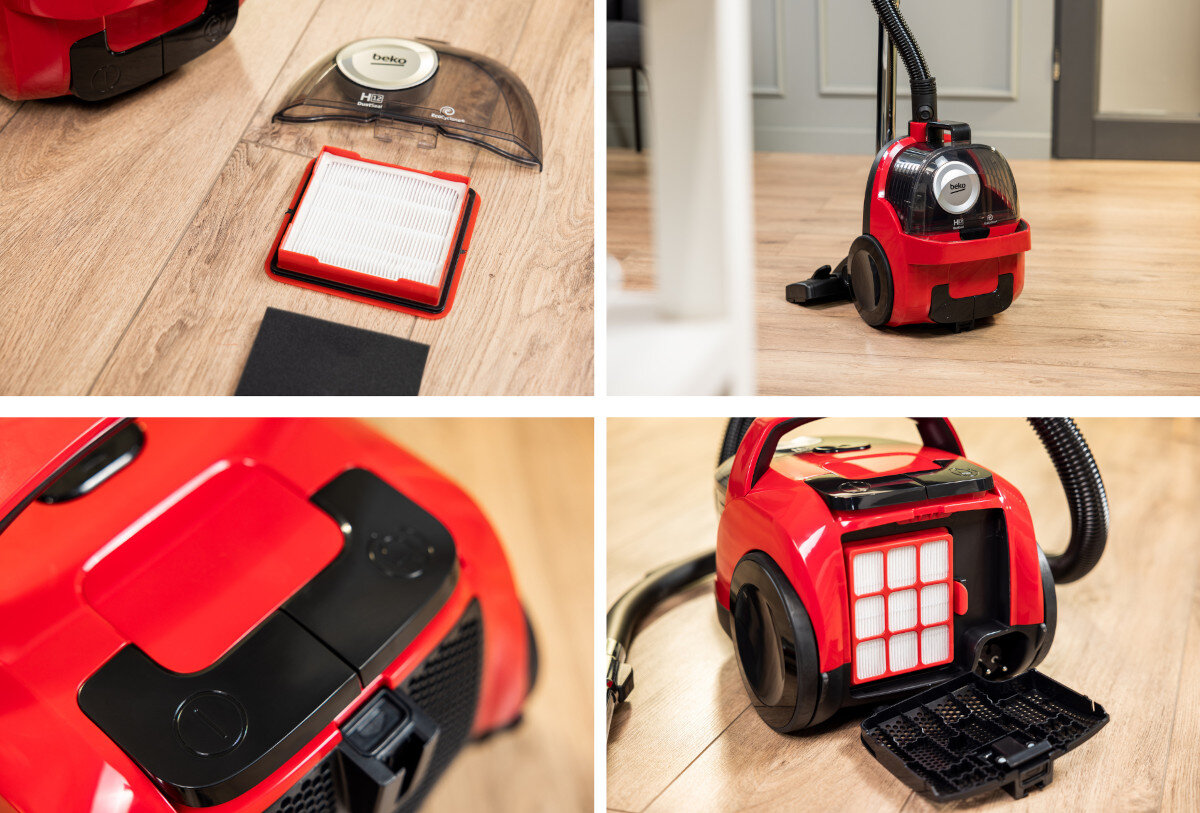 Szczegóły odkurzacza. Pokazano filtry i części. Elementy czerwone, czarne i białe.