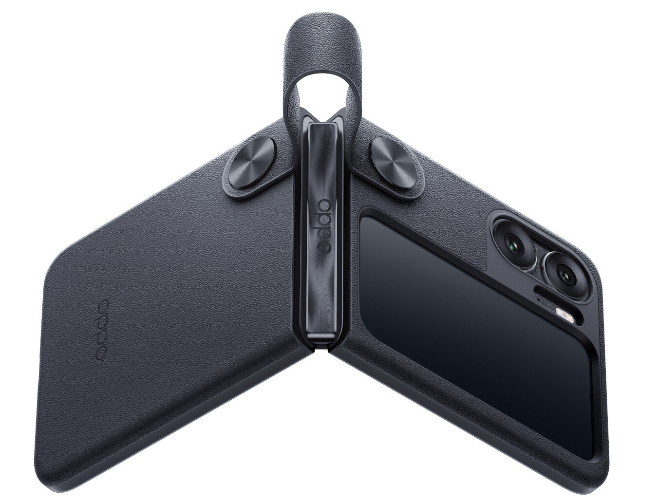 Składane etui na telefon w kolorze czarnym, z logo Oppo, na białym tle.