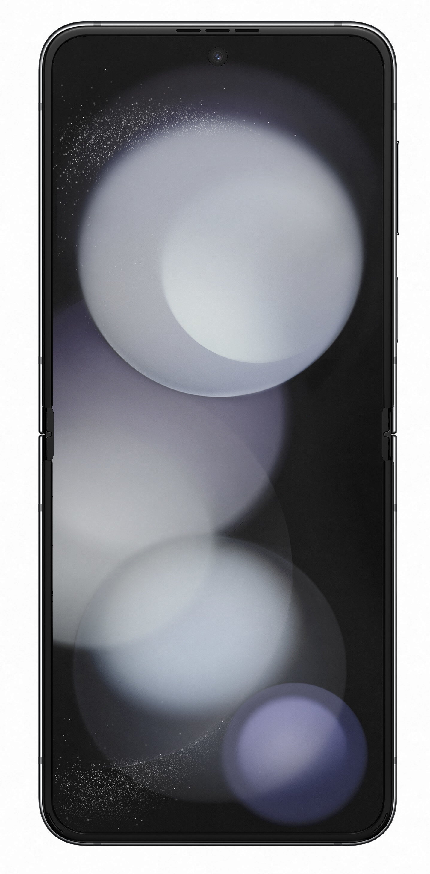 Składany czarny smartfon otwarty, pokazujący ekran z okrągłym wzorem, widok z przodu.