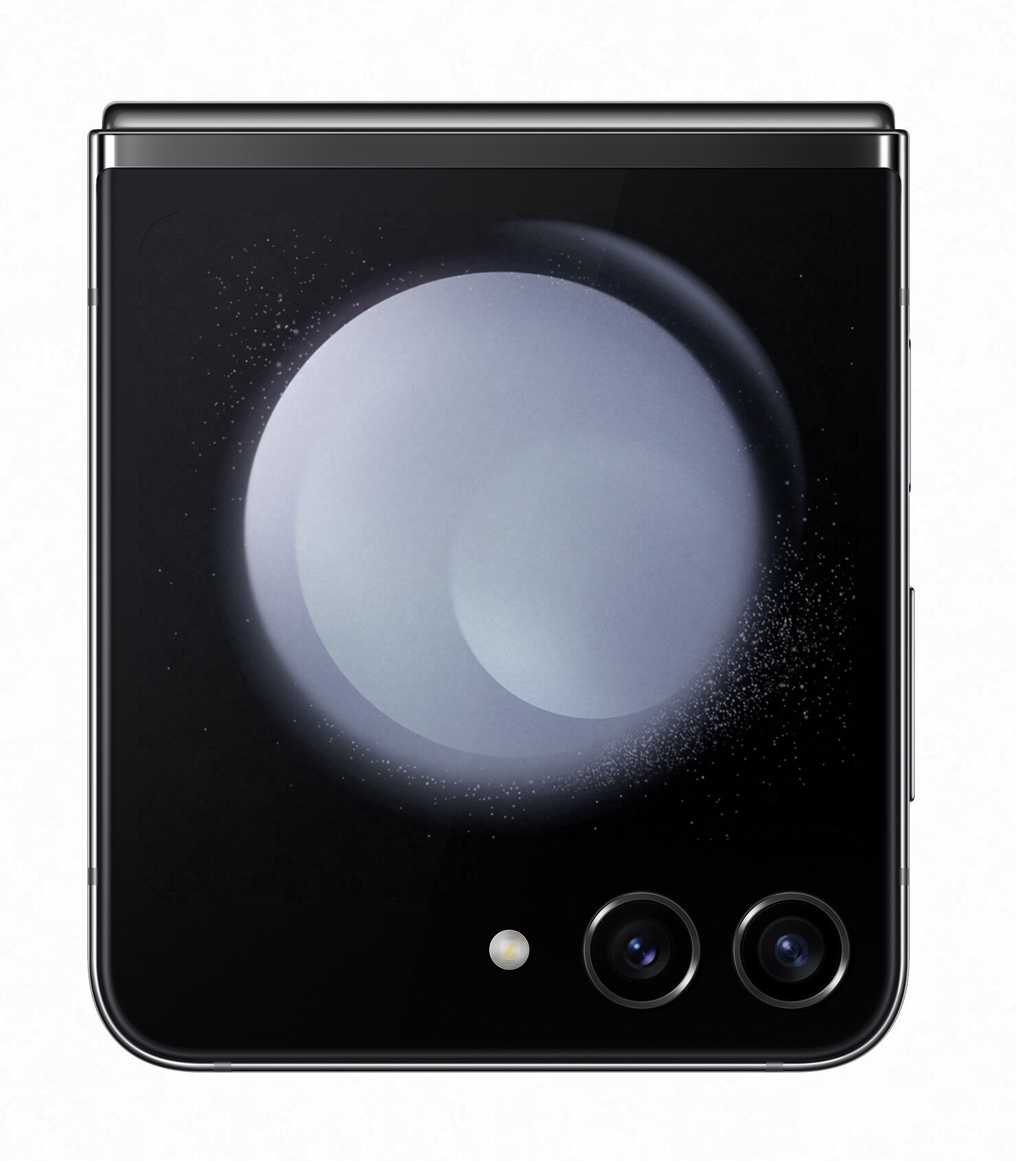Składany czarny smartfon zamknięty, z dwoma tylnymi aparatami i okrągłym wyświetlaczem z tyłu.
