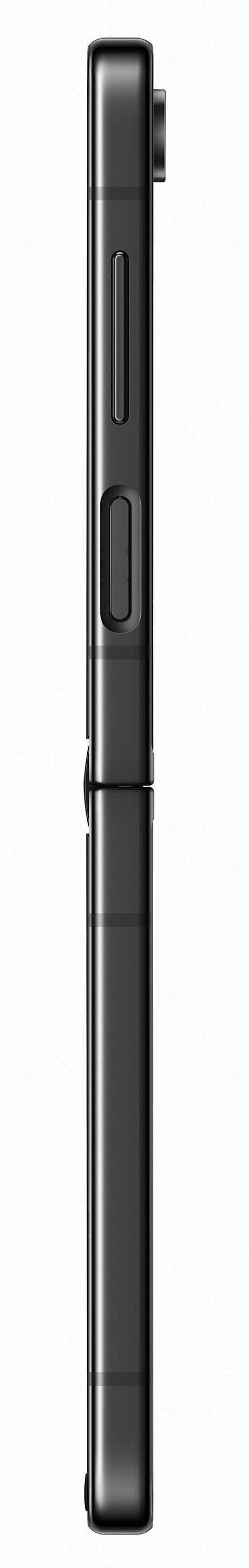 Czarny telefon, profil boczny, pokazujący przyciski i porty.