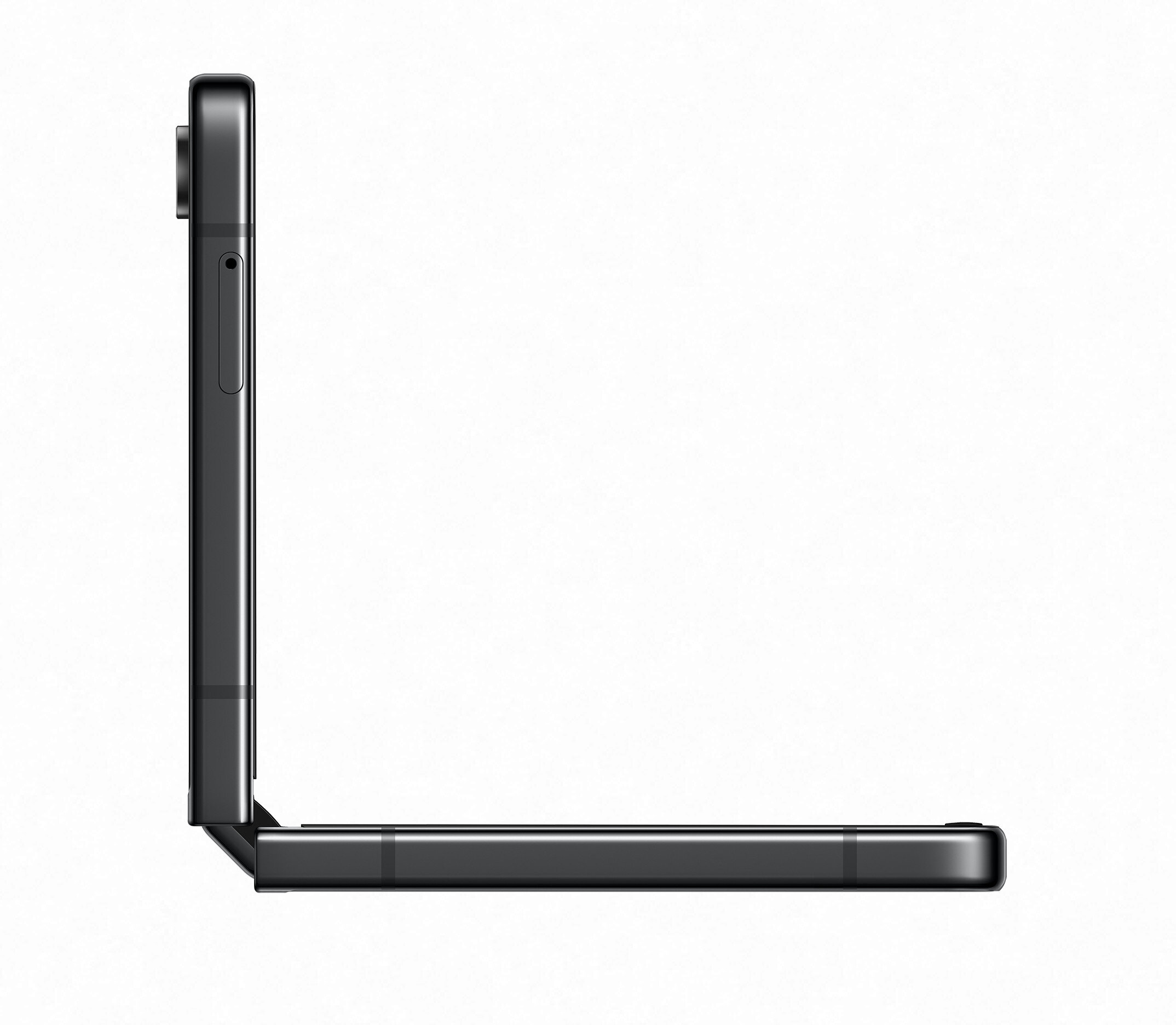 Czarny składany telefon w pozycji otwartej. Telefon jest na białym tle.