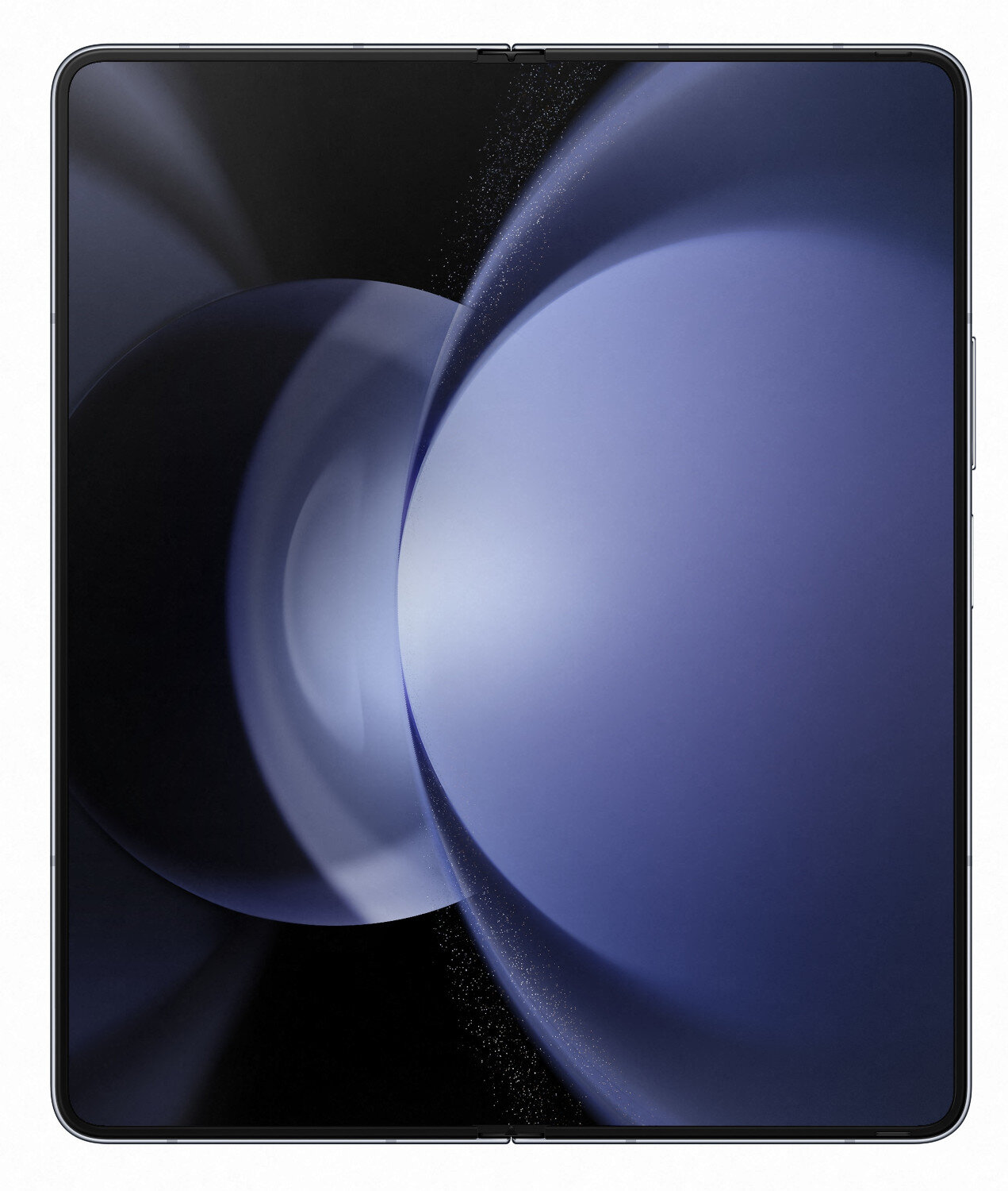 Składany telefon, częściowo otwarty, pokazujący niebieski i fioletowy ekran, białe tło.