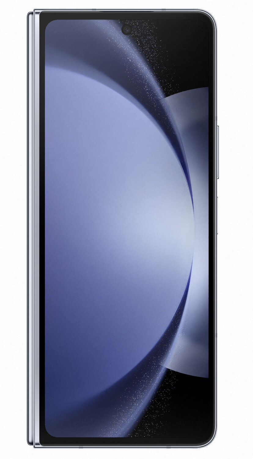 Złożony telefon, srebrny. Ekran jest widoczny. Telefon znajduje się na białym tle.