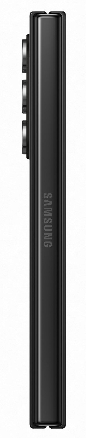 Czarny, złożony smartfon, widok z boku. Widoczne logo Samsung. Przyciski z boku.