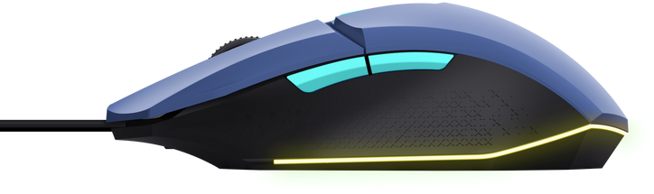 Kék-fekete gaming egér oldalsó gombokkal. Görgetőkerékkel és neon fénnyel.