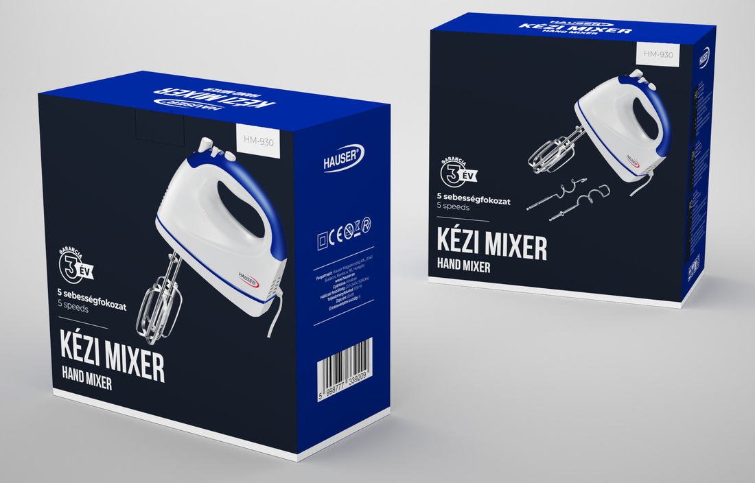 Két kézi mixer doboz. Az egyik nyitott, a mixert mutatva. A dobozok kékek és fehérek, piros garancia szimbólummal.