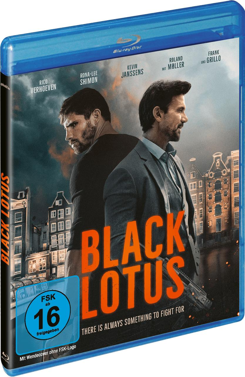Blu-ray-Filmcover mit zwei Männern, einer mit Waffe, Titel 'Black Lotus'.