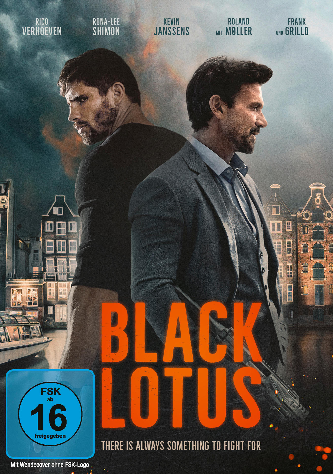 Filmplakat Black Lotus, zwei Männer, einer mit einer Waffe, und die Worte Black Lotus.