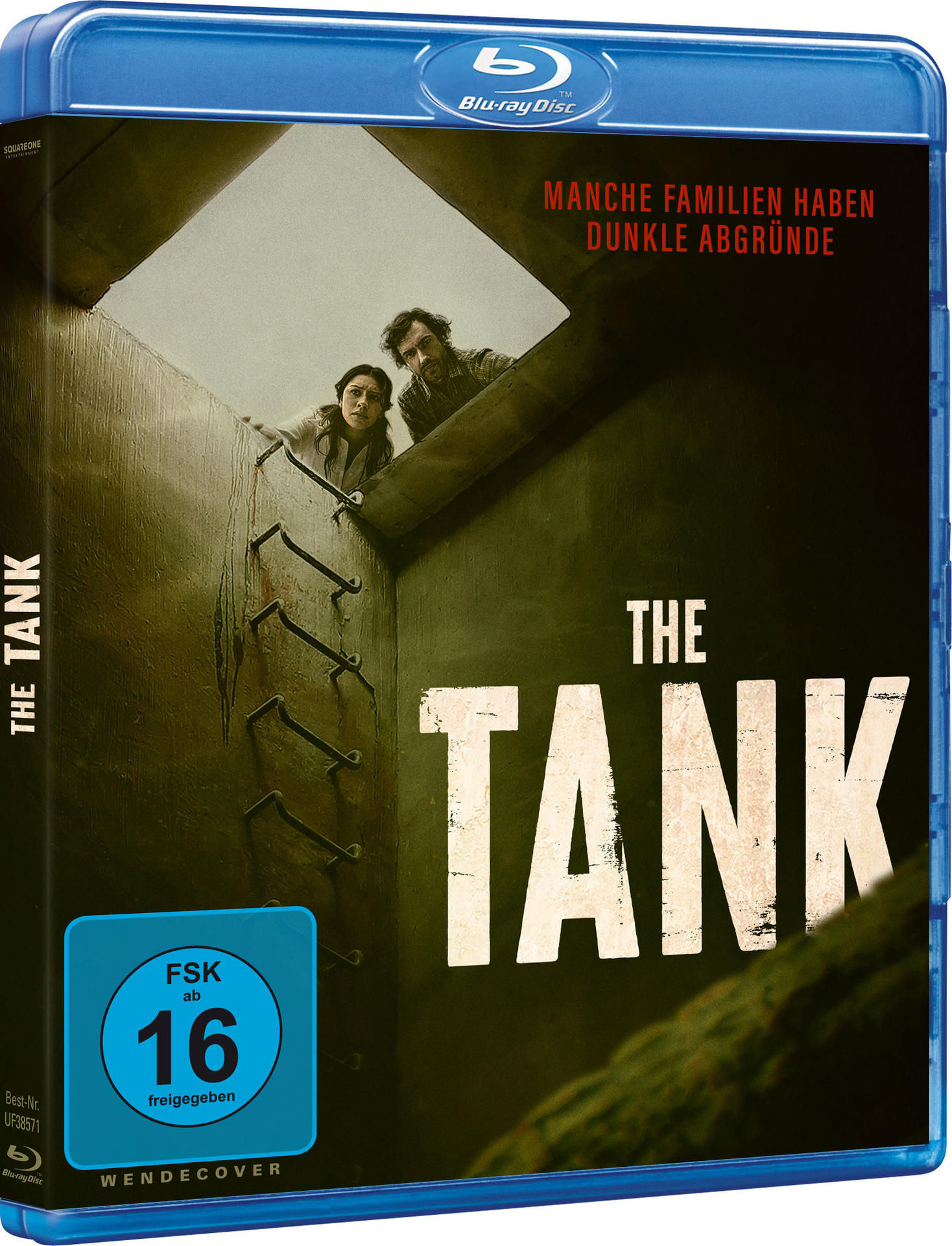 DVD-Hülle für den Film 'The Tank'. Zeigt Mann und Frau, die über eine Mauer schauen, Titel sichtbar.