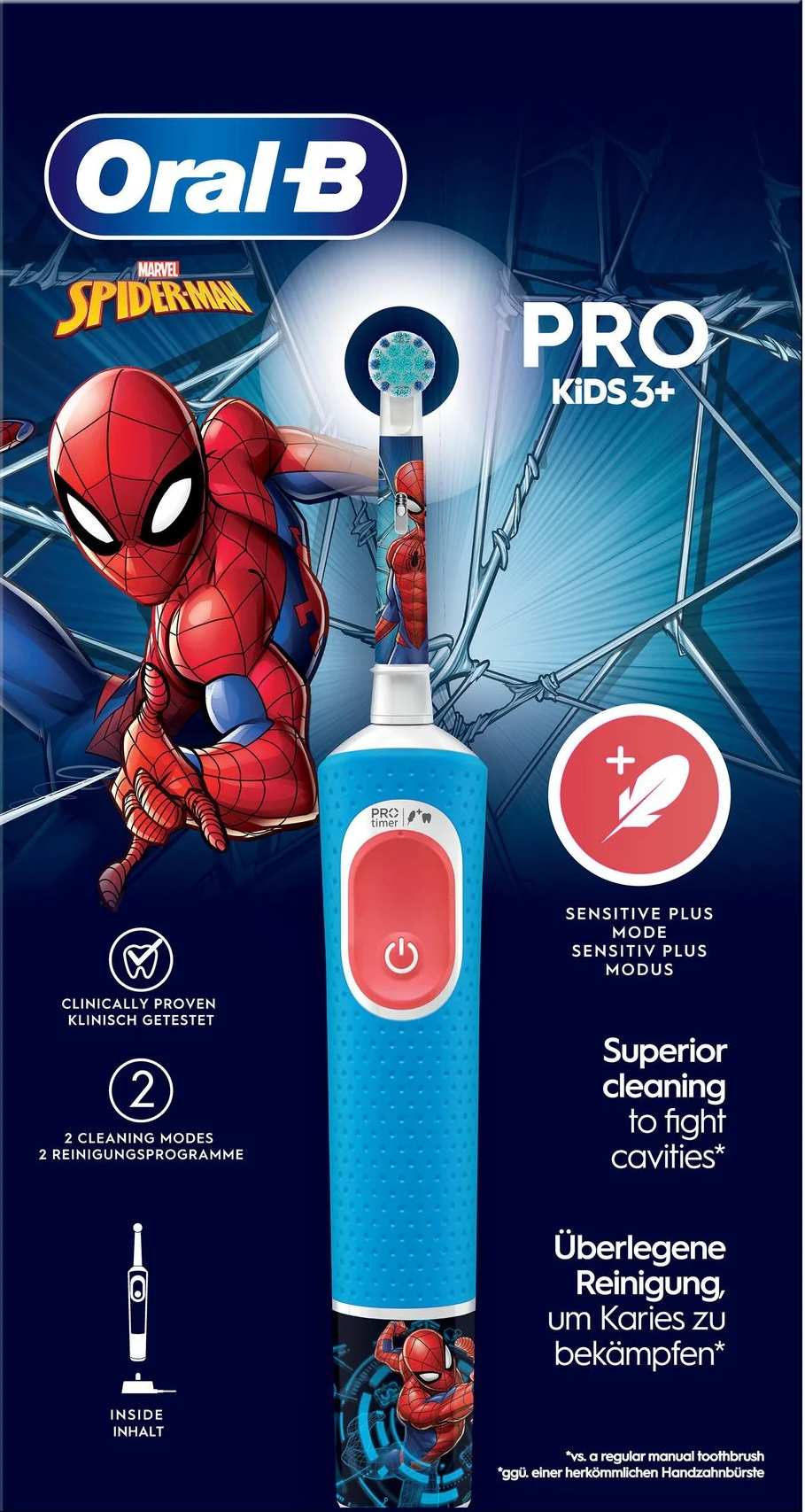Spazzolino da denti blu e rosso di Spider-Man con confezione con Spiderman e testo.