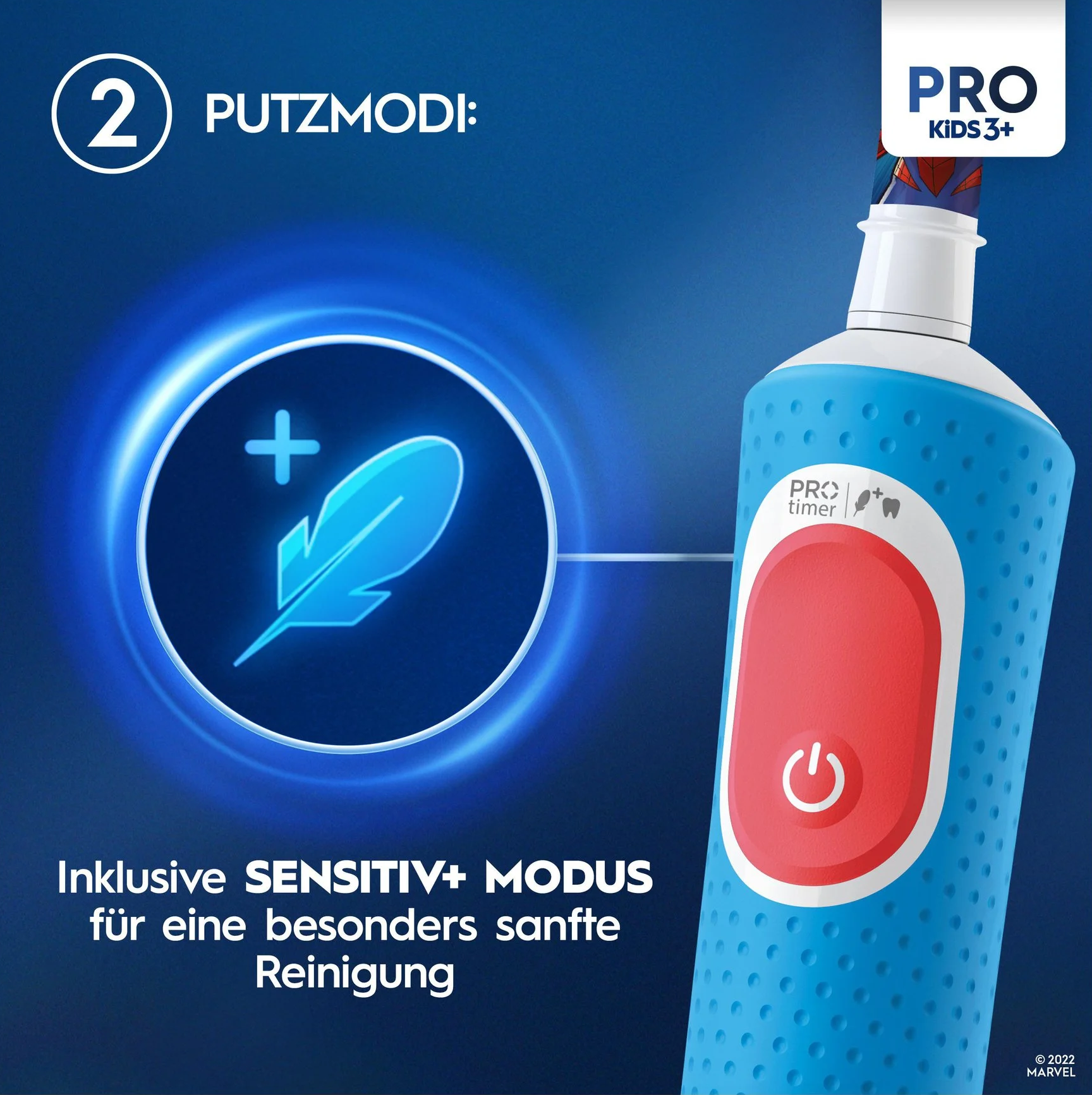 Spazzolino elettrico blu con pulsante rosso e grafica a piuma.