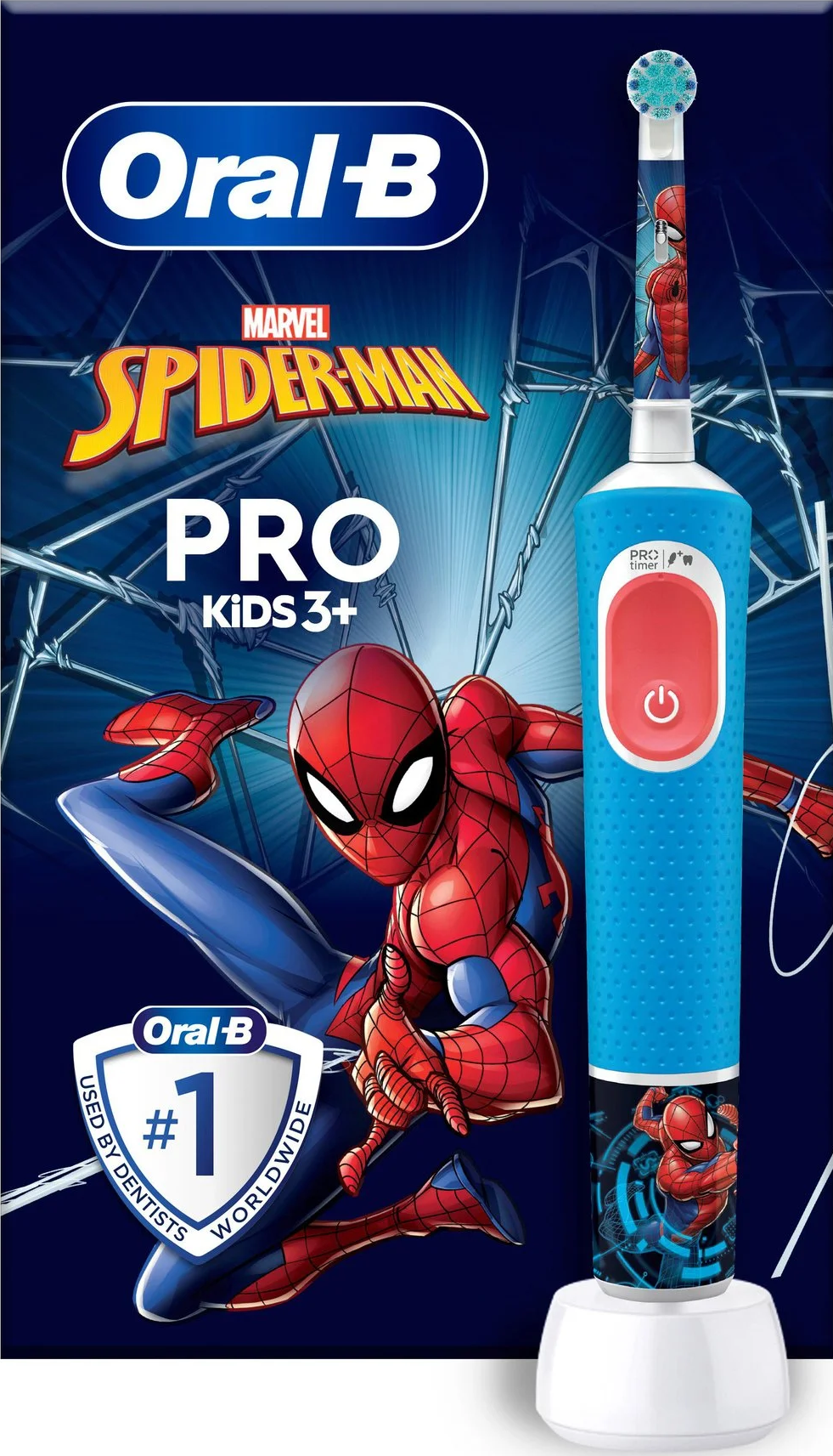 Spazzolino elettrico Oral-B Spider-Man in scatola con base di ricarica.