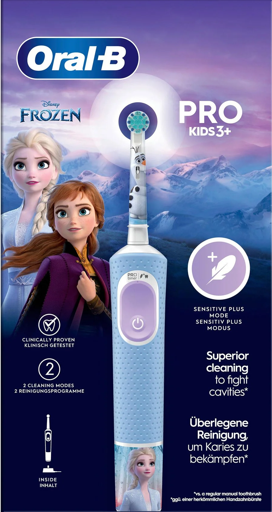 Spazzolino blu Oral-B Pro Kids con personaggi di Frozen, Anna e Elsa, sulla confezione.