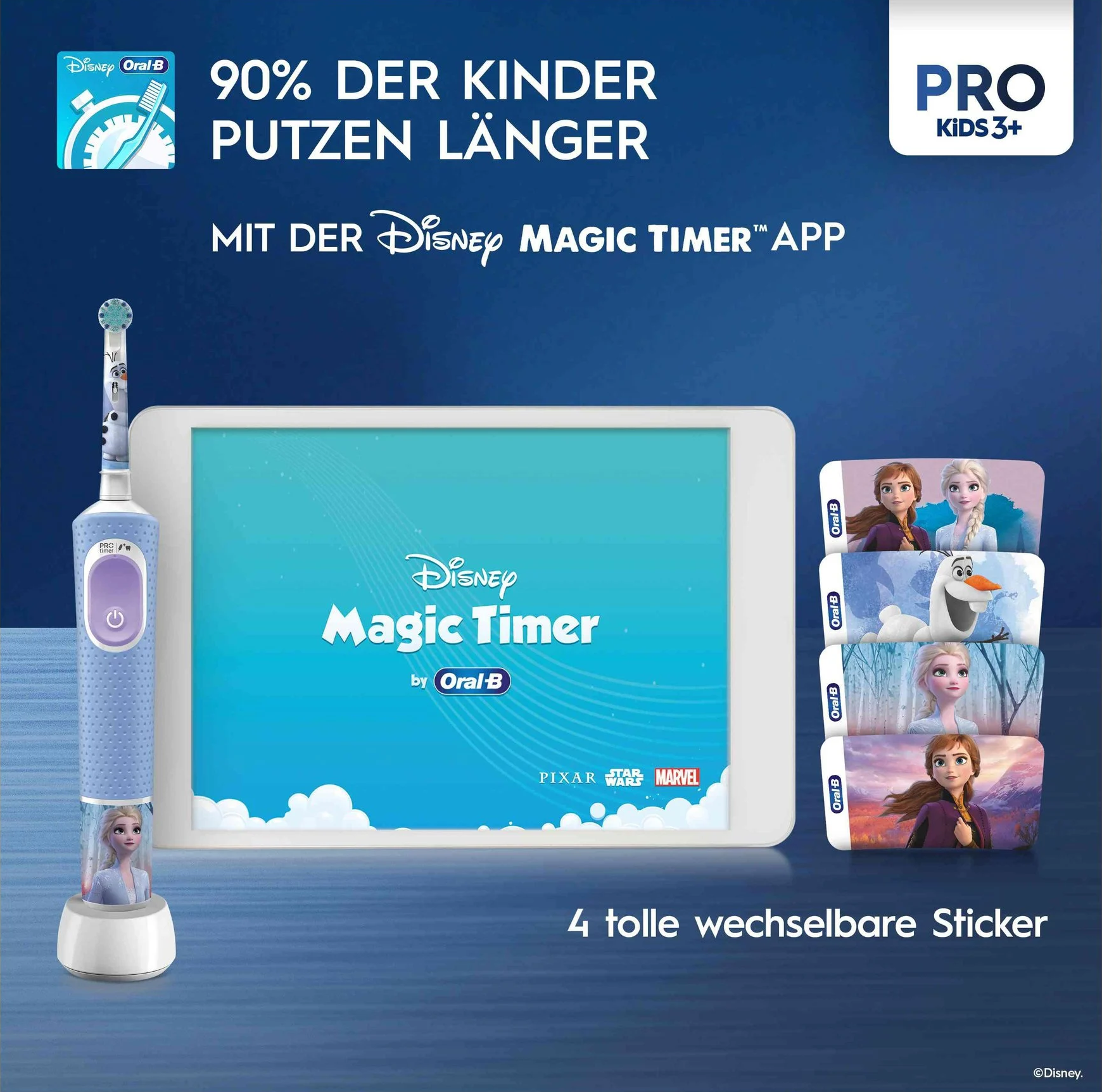 Spazzolino elettrico con personaggi Frozen, tablet con app Disney Magic Timer e adesivi.