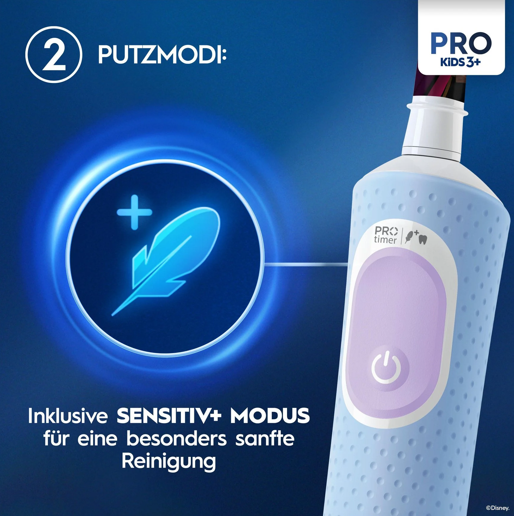 Spazzolino blu e bianco con pulsante viola. Il testo dice PRO Kids 3+.