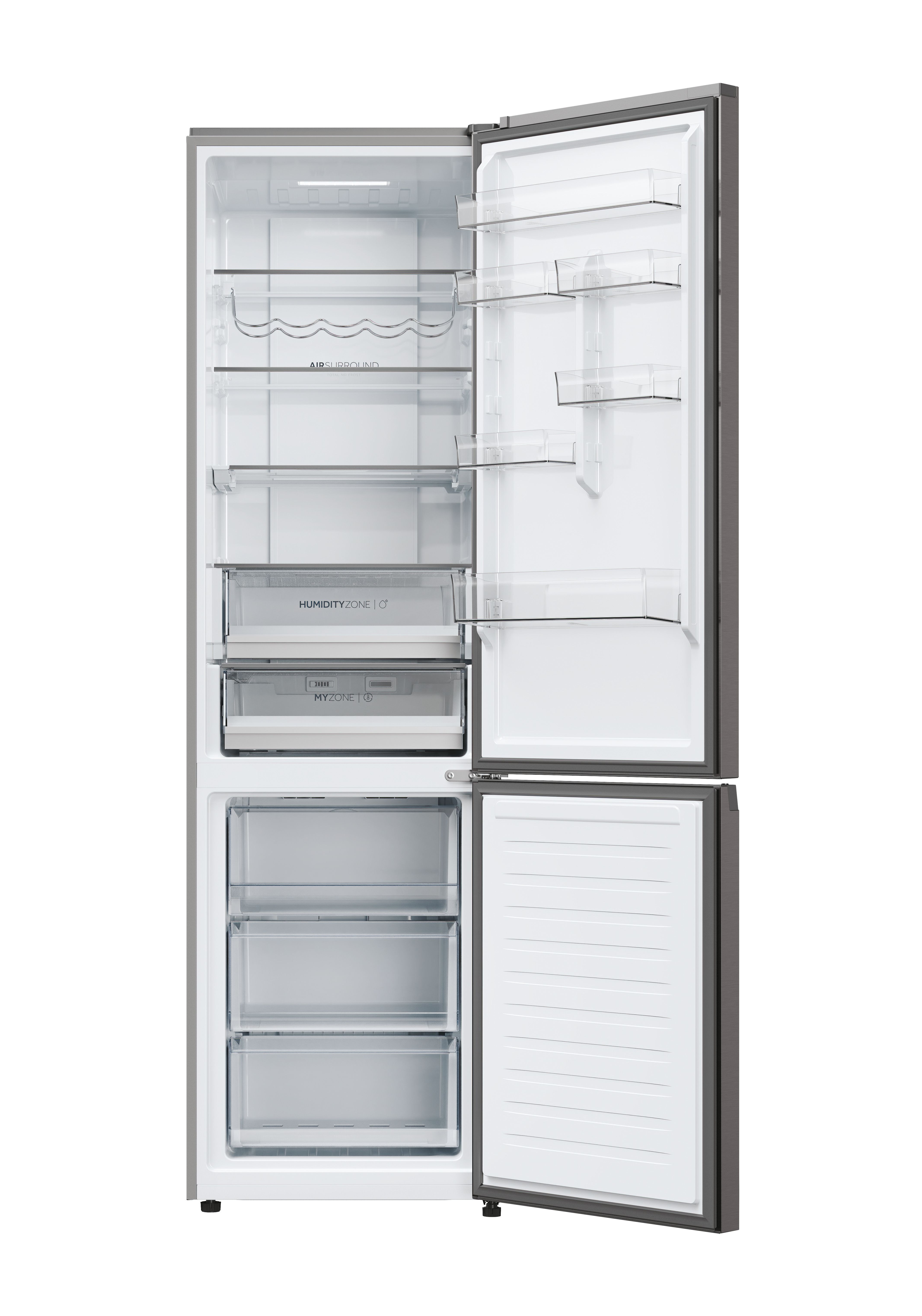 Offener Kühlschrank, mit Regalen und Schubladen, mit sichtbaren Lagerbereichen.