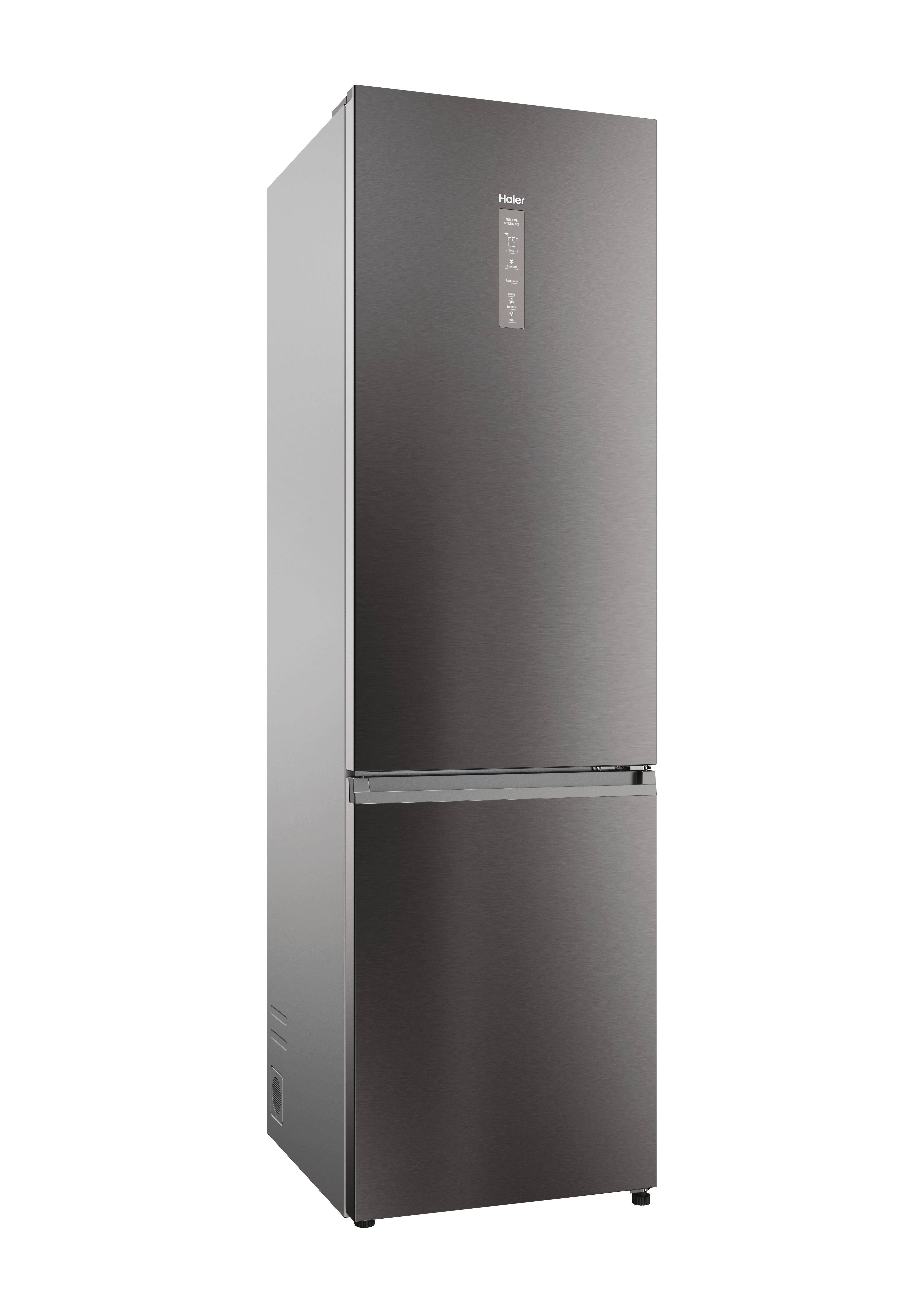 Ein schwarzer Haier-Kühlschrank, der den gesamten Körper des Kühlschranks zeigt.