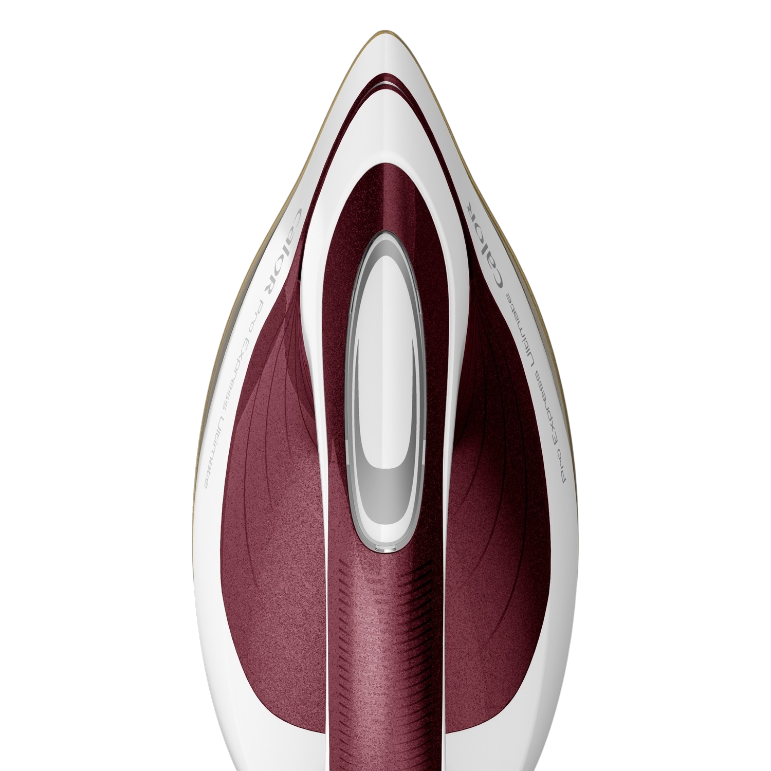 Top view of a burgundy and white iron with the words 'Calor' printed on it.