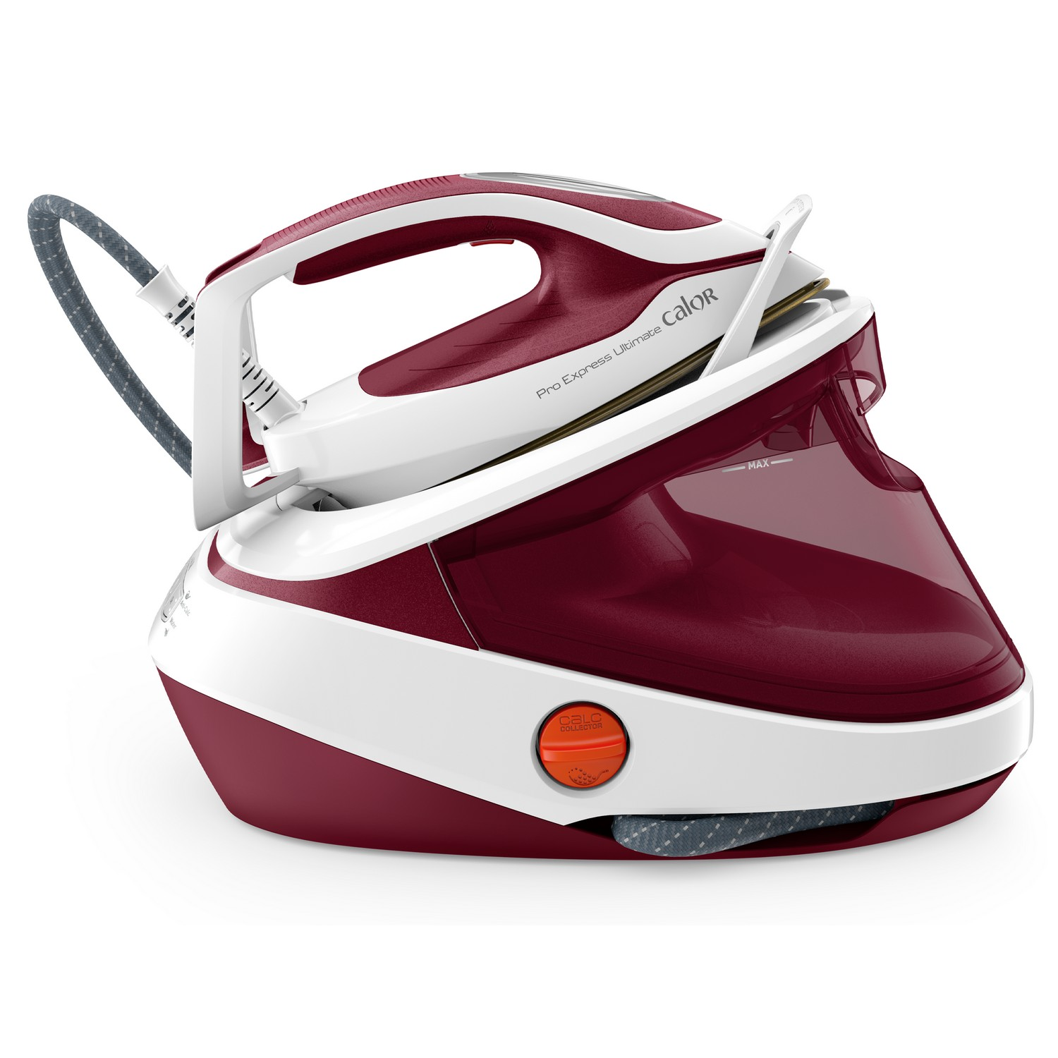 White and red steam iron with the tank on the bottom.