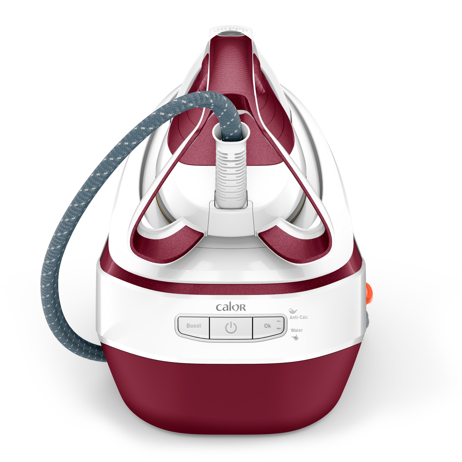A white and burgundy iron with a blue cord and control buttons on a white surface.