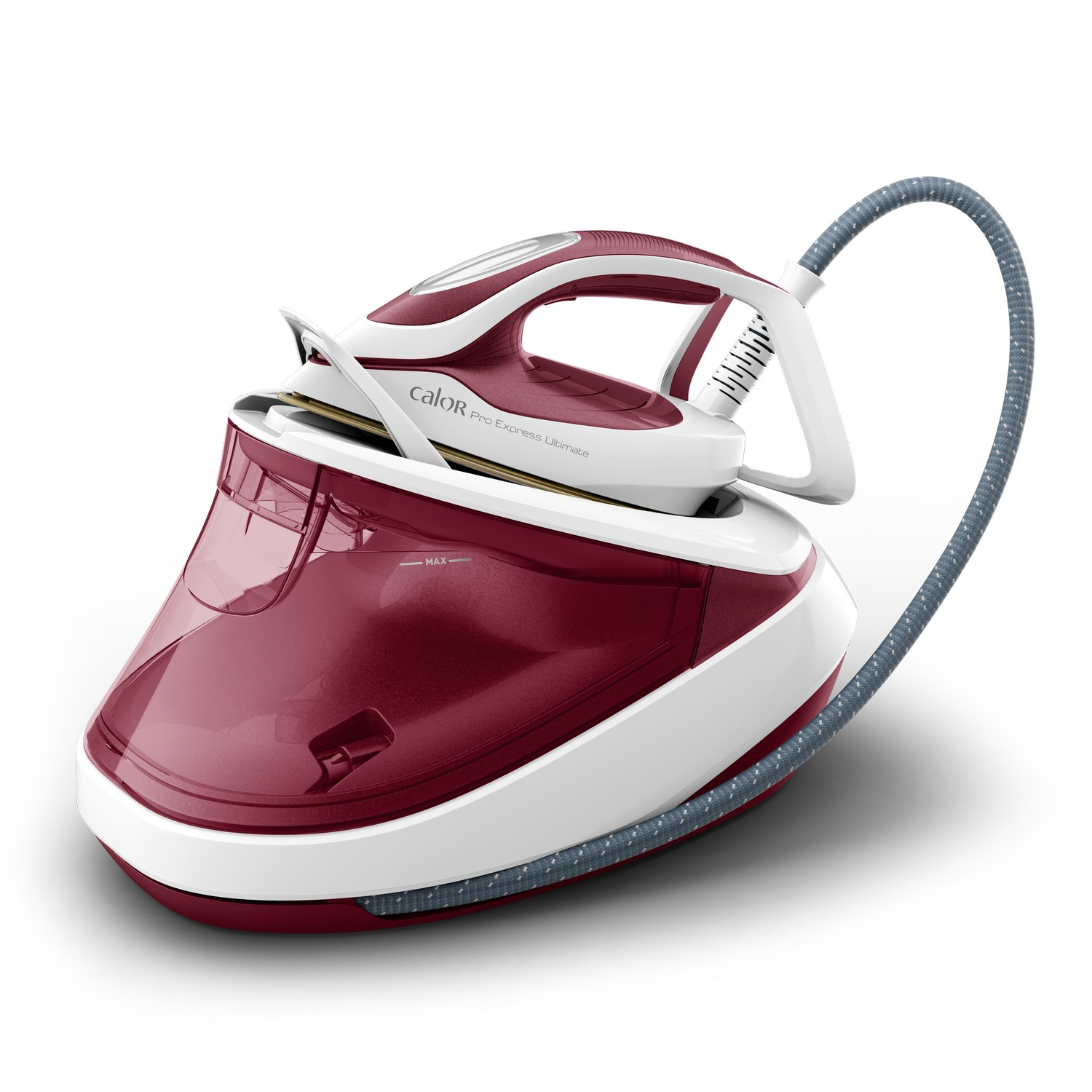 Ironing station with a red iron. A gray hose is connected to the water tank.