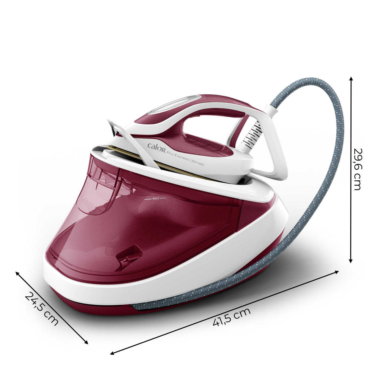 A red and white steam iron with dimensions, with a gray hose.