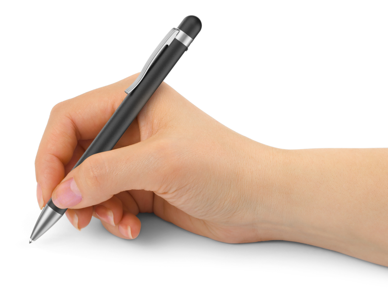 La main d'une personne tenant un stylo noir, écrivant sur une surface blanche.